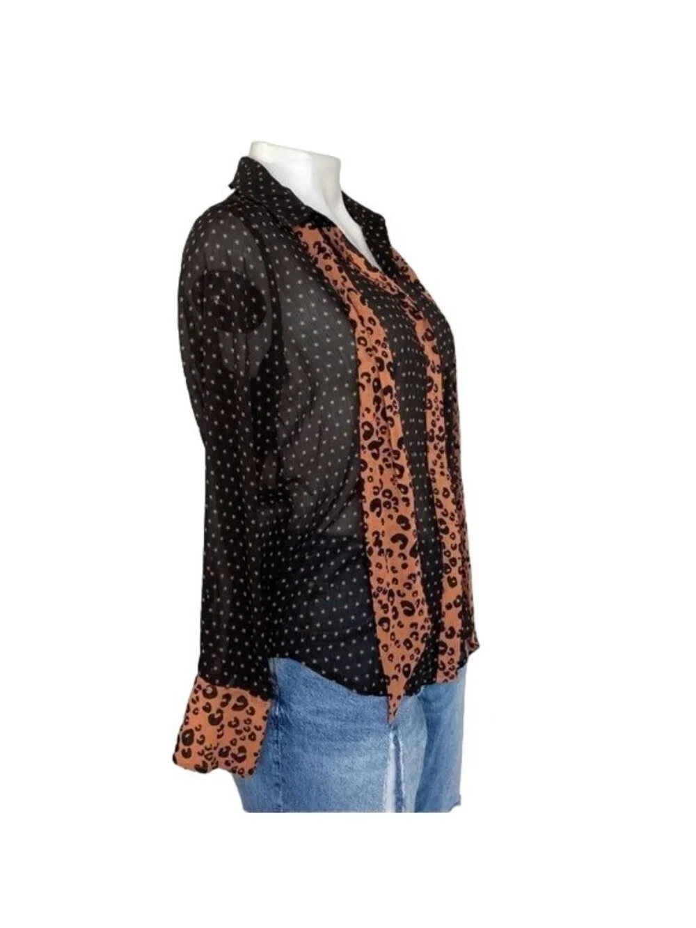 Scotch & Soda Maison Scotch Black Sheer Star Print Blouse With Leopard Print Acc - Picture 9 of 12